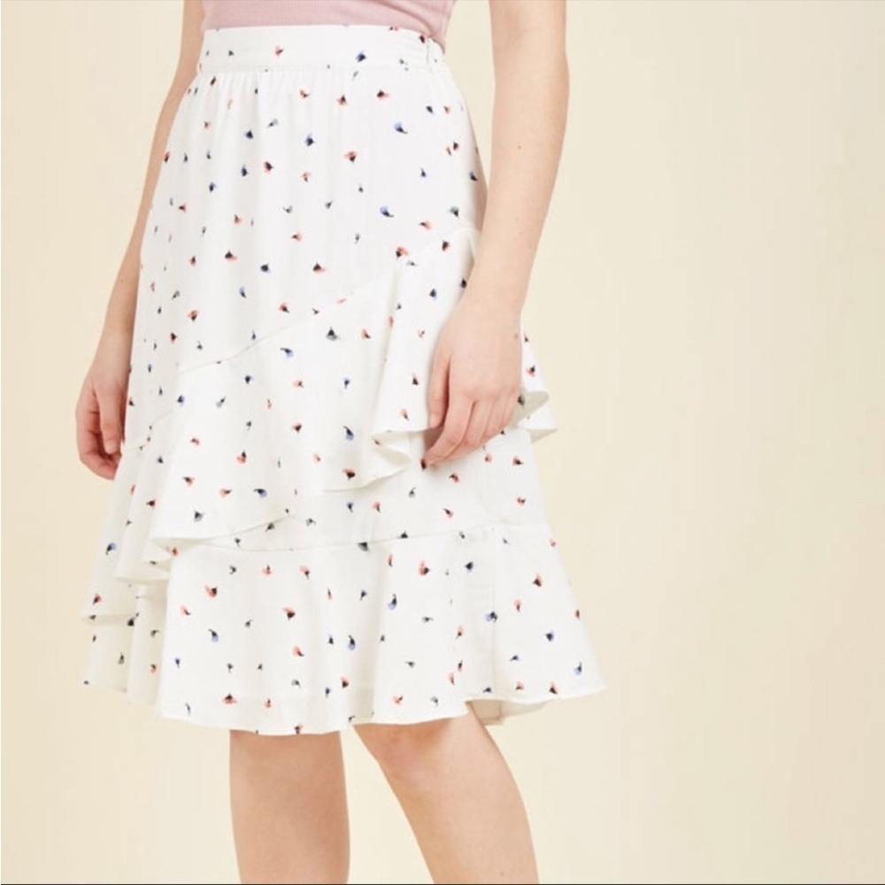 White Ruffled Skirt with Multicolor Print